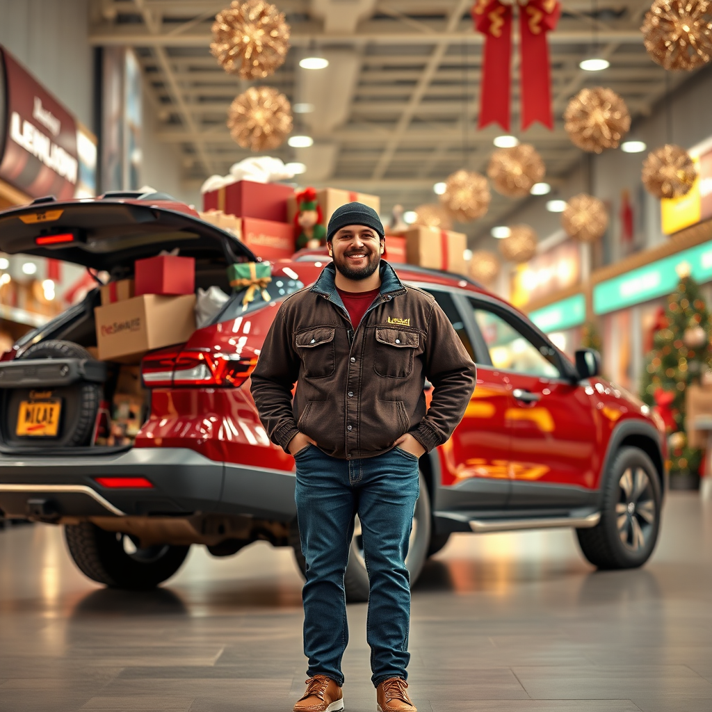 A photorealistic image capturing Justin standing next to his oversized SUV, loaded with various delivery items against a bustling store backdrop. The scene is well-lit, evoking a sense of excitement for the holiday season. Textures of the SUV's surface are visible, showcasing its robust build. A warm color palette of reds, greens, and golds invites feelings of joy and festivity. The camera angle is eye-level, emphasizing Justin's friendly demeanor, while festive holiday props subtly enhance the scene. Technical specs: 4K resolution, high quality.
