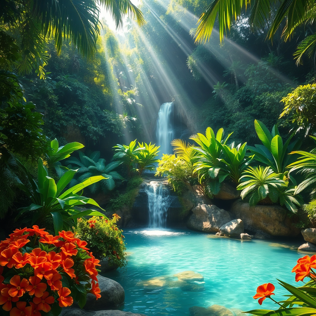 A photorealistic image capturing a secluded waterfall nestled within verdant tropical foliage, cascading into a serene pool of crystal-clear water. Sunbeams penetrate the canopy, creating a magical atmosphere. Nearby are vibrant flowerbeds, adding color and life to the tranquil scene, perfect for showcasing Negril's hidden treasures.