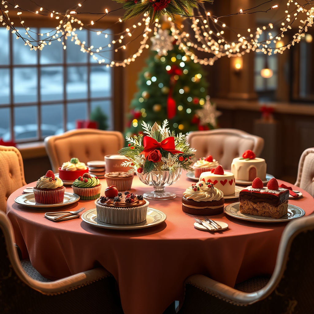 A photorealistic image depicting a festive holiday table set with an array of desserts designed by Liz. The scene includes a sparkling centerpiece, rich holiday colors of red and green, and twinkling fairy lights above. Each dessert shows intricate details like frosting patterns and garnishes, invoking a sense of celebration. The table is surrounded by cozy chairs, inviting guests to indulge. The lighting is warm and inviting, enhancing the joyful atmosphere. This image should be detailed and vibrant, ideally suited to capture the essence of a festive celebration.