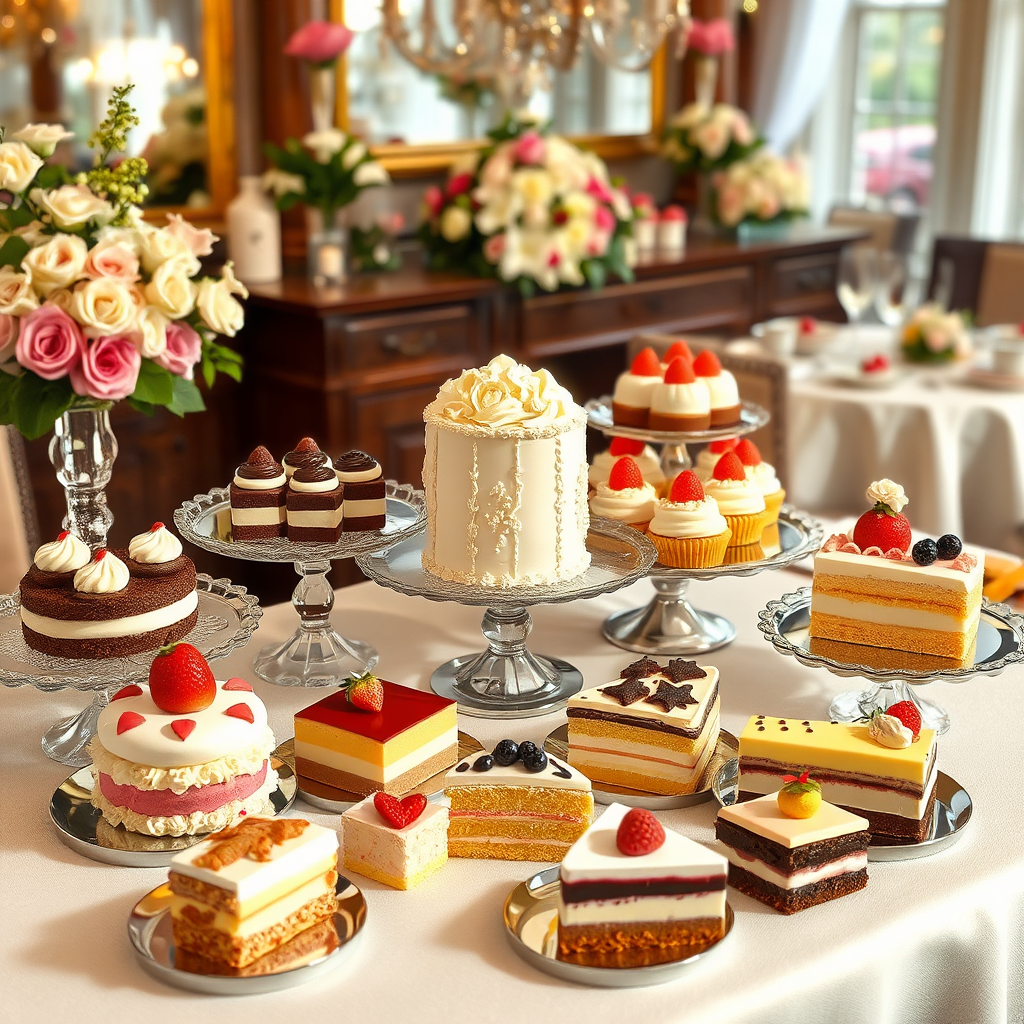 A photorealistic image featuring a diverse collection of Liz's desserts, each uniquely designed and elegantly presented. The setting is a beautifully arranged dessert bar decorated with flowers, elegant tablecloths, and delicate china. Each pastry has distinct characteristics, showcasing Liz's artistic flair and attention to detail. Soft, warm lighting adds to the inviting atmosphere, while gentle shadows enhance the textures of the desserts. The image should convey a sense of sophistication and celebration, perfect for any special occasion, rendered in high-quality to highlight every element.
