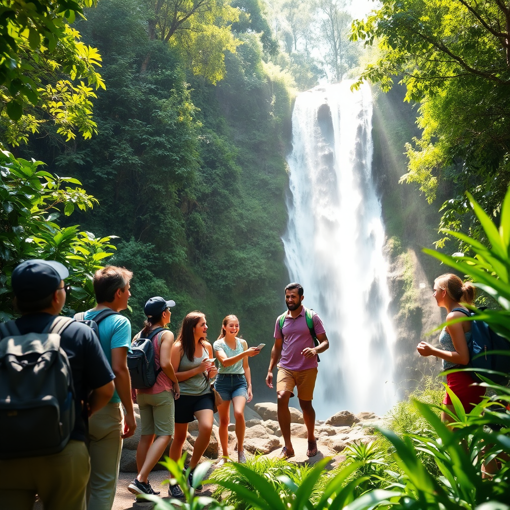 A photorealistic image featuring a tour group exploring the lush greenery surrounding a local waterfall, with sunlight filtering through the trees. Tourists are joyfully interacting with local guides, who share stories and insights about the area. The colors are vibrant, showcasing the natural beauty of the surroundings. This scene captures the essence of adventure and cultural exchange.