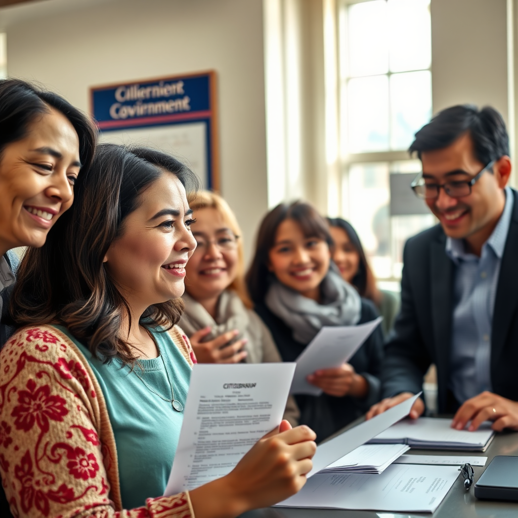 A photorealistic image of a client submitting their citizenship application at a government office, surrounded by supportive family members. Natural daylight floods the room, highlighting emotions of excitement and nervousness. The environment is professional and formal, with official forms and signage in the background.