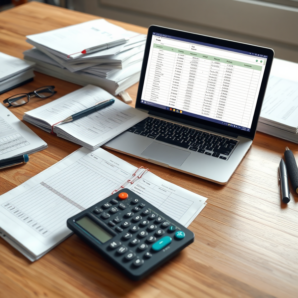 A photorealistic image of a well-organized workspace with bookkeeping ledgers, a calculator, and a laptop open displaying digital records. The lighting should be bright, emphasizing cleanliness and attention to detail, with a neutral color palette to create a professional atmosphere. The textures in the image should showcase polished wooden surfaces and metal props, delivered in high-quality resolution.