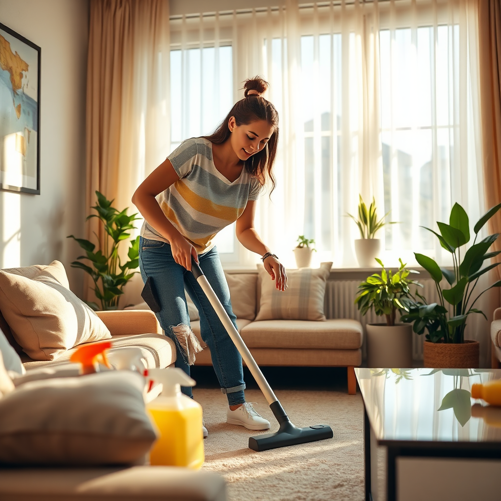 A photorealistic image showcasing Leticia in action, cleaning a cozy living room filled with natural light. The composition focuses on her dedication, with elements like a vacuum cleaner and cleaning products neatly arranged nearby. The lighting is warm, creating an inviting ambiance, while the color palette combines warm neutrals and pops of green from indoor plants. The camera angle is slightly tilted from above, providing a clear view of the cleaning process. Texture details show the softness of the fabrics and the shine of the surfaces. A 4K resolution image that reflects professionalism and care.