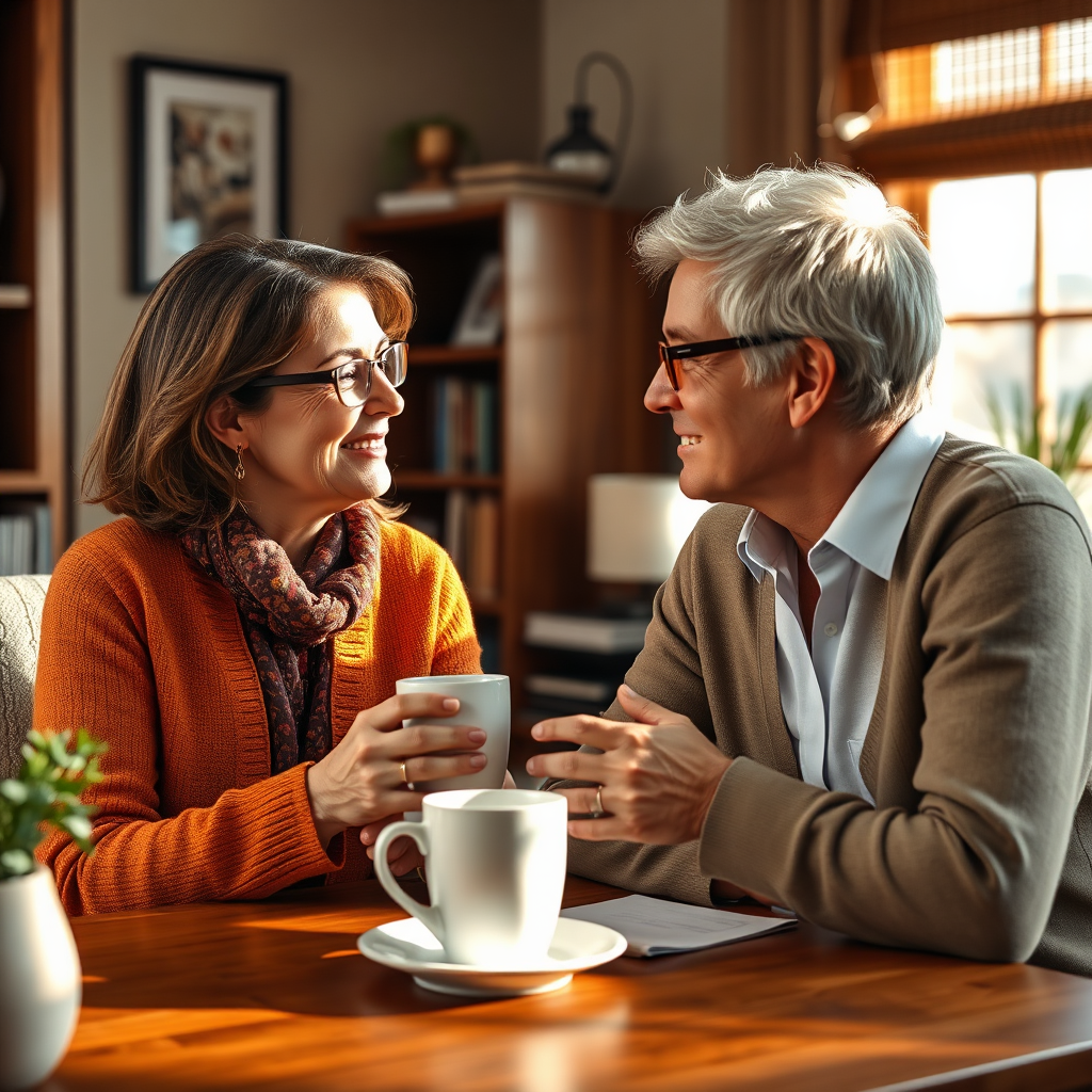 A photorealistic representation of Nancy interacting with a client, showcasing a meaningful conversation over coffee in a cozy office setting. The lighting is natural, highlighting both individuals' expressions and creating an inviting atmosphere. The color palette is warm, emphasizing trust and professionalism, while textures like wood and soft fabrics add comfort. The image should be detailed and in high resolution to capture the genuine connection between Nancy and her client.