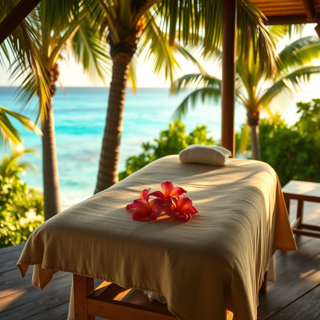 A photorealistic, ultra-high quality image showcasing Cher's Massage & Hair Braiding Services. The composition features a serene massage setup outdoors at Negril Tree House, with soft sunlight filtering through palm trees. The vibrant turquoise sea in the background contrasts with the lush green surroundings. The focus is on a comfortable massage table adorned with fresh flowers and a gentle breeze creating a sense of tranquility. The camera angle captures the inviting ambiance, emphasizing warmth with golden hues. The texture of the table covers and natural elements enhances the overall realism. Style reference: tropical paradise. Technical specs: 8K resolution, hyperrealistic.