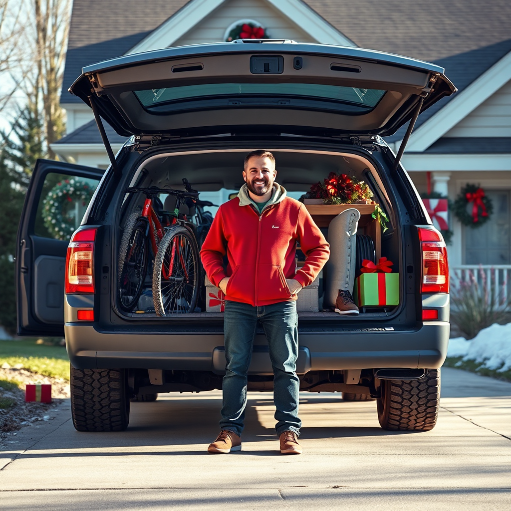 A photorealistic, ultra-high quality header image of Justin, standing proudly beside his oversized SUV filled with various items like bicycles and furniture. The composition focuses on the SUV's spaciousness, demonstrating its capacity for holiday deliveries. Bright, natural lighting enhances the scene, casting soft shadows. The color palette incorporates festive reds and greens, creating a warm holiday vibe. The camera angle is slightly elevated, showcasing the SUV's height against a backdrop of a suburban neighborhood with a cozy home, and props include holiday gifts and decorations. Technical specs: 8K resolution, hyperrealistic.