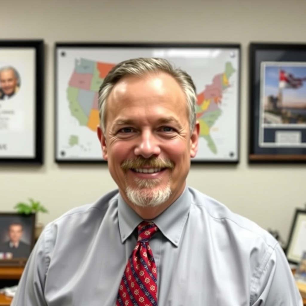 A professional portrait of Jim Jackson in his office, with a map of the four states prominently displayed behind him. The lighting is bright and focused, creating an engaging atmosphere. The color palette is neutral with pops of color from his tie and office decor. The camera angle is directly in front, emphasizing his professionalism and readiness to assist.