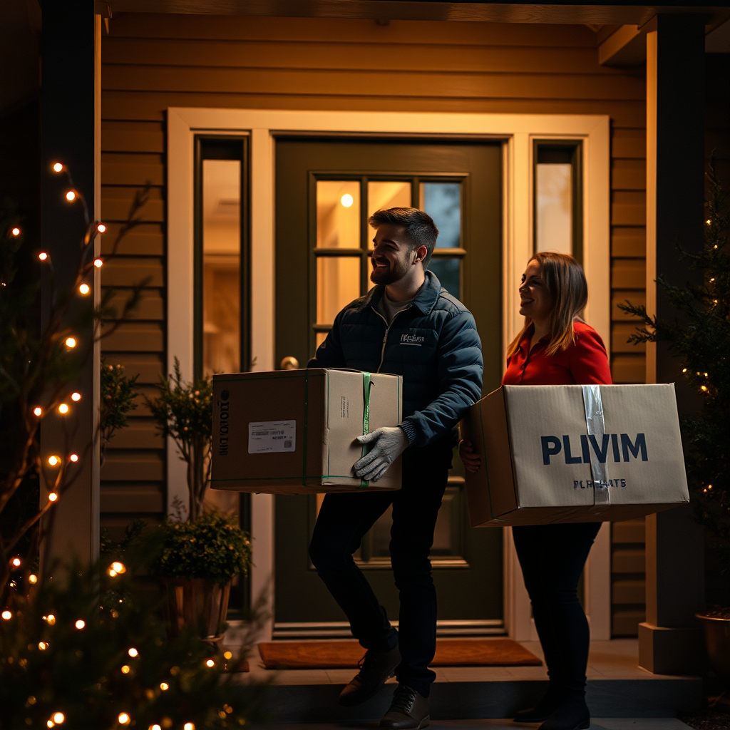 A professional yet warm image of Justin delivering a large package at a customer’s doorstep, showcasing attention to detail. The customer's joyful response enhances the visual's appeal, set against a cozy home with lights that twinkle in the evening. The composition utilizes deep shadows and soft colors to create an intimate atmosphere, making the delivery experience feel personal.