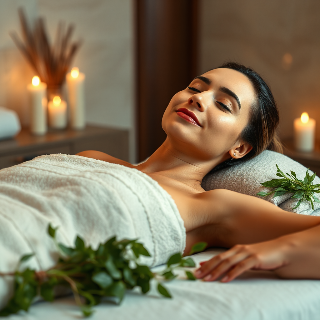 A relaxed individual enjoying a herbal massage set in a luxurious spa room. The emphasis is on wellness, with serene ambiance created through soft lighting and gentle music visible in the background. Fresh herbs are used decoratively around the area, enhancing the natural atmosphere. The textures of linens and soft towels convey comfort and care. Style references include high-end spa environments. Technical specs: 4K resolution, high quality.