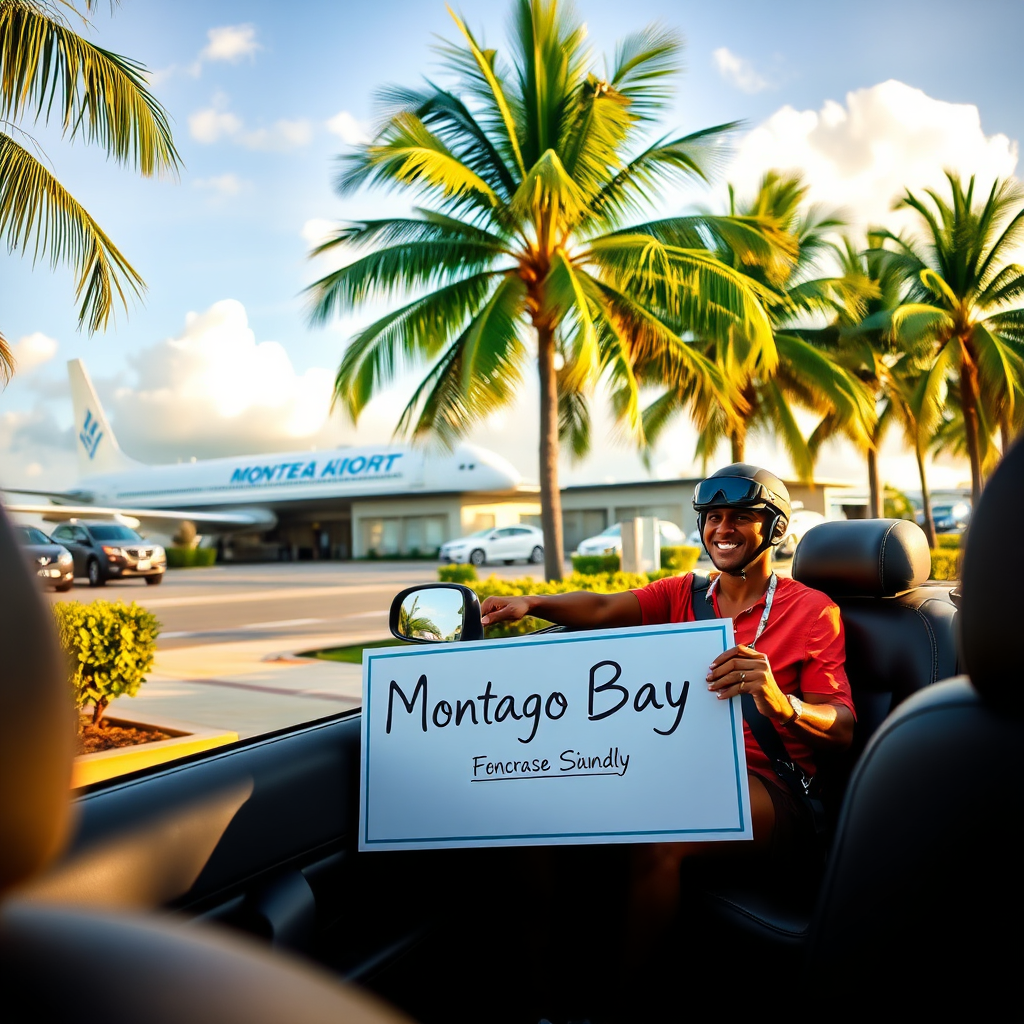 A serene image of a luxury vehicle waiting at Montego Bay airport, with a friendly driver holding a sign with a guest's name. The warm tropical atmosphere is complemented by lush palm trees. The vehicle is shown in high detail, showcasing comfort and dedication to quality service. An inviting atmosphere is necessary for travelers arriving in paradise.