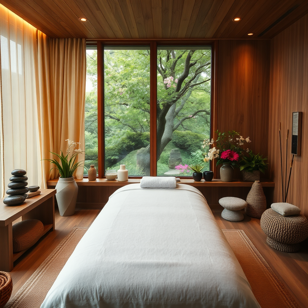 A serene image of an indoor healing space at the spa. A warm, inviting room is adorned with natural wood accents, soft fabrics, and an arrangement of healing stones and plants. The lighting is warm and inviting, enhancing the relaxing vibe. The massage table is elegantly made, inviting guests into peaceful comfort. Outside the window, views of lush trees and flowers create a seamless connection with nature. Style references highlight a zen-inspired aesthetic. Technical specs: 4K resolution, high quality.