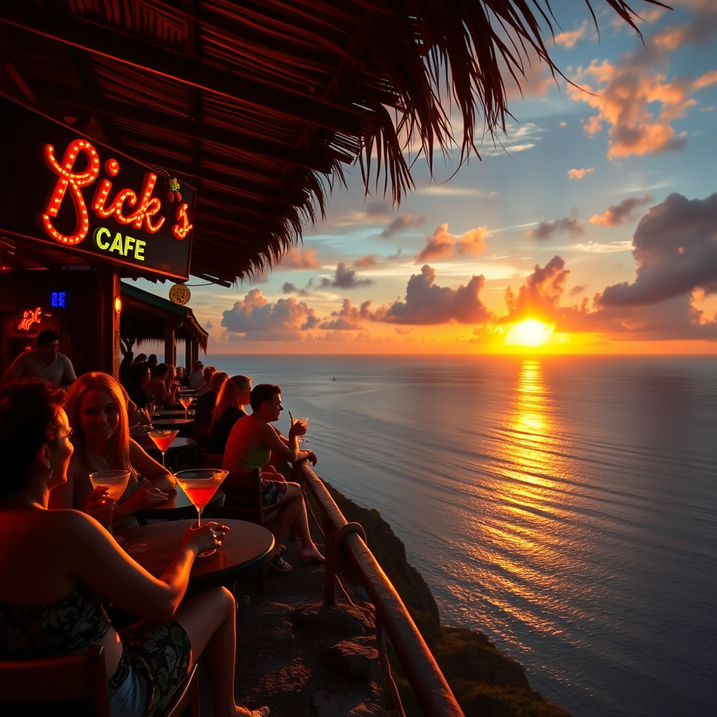 A stunning image of Rick's Cafe, where locals and tourists alike enjoy breathtaking cliffside views while sipping on tropical cocktails. The golden sun sets on the horizon, casting reflections on the calm sea below. The atmosphere is lively and energetic, showcasing the joyful spirit of Negril's nightlife.