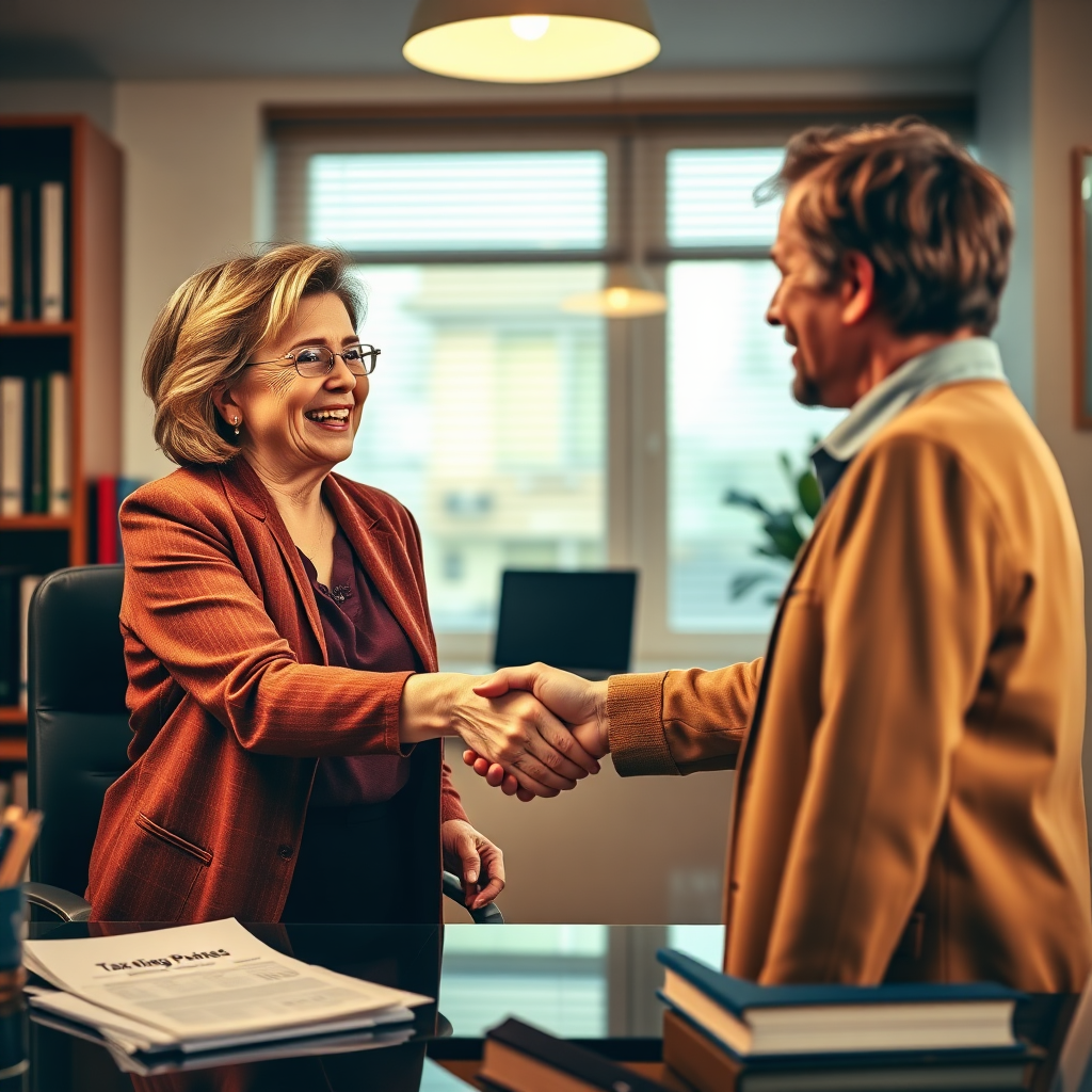 A stylized, heartwarming image of Nancy shaking hands with a happy client in her office. The composition captures the moment of trust and partnership, surrounded by elements like tax forms and accounting books. The lighting is soft and warm, promoting a sense of comfort and confidence. The color palette should be rich with earthy tones, enhancing the feeling of reliability and sincerity, presented in a high-quality image format.