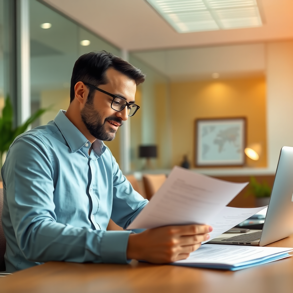 A stylized image depicting a client and Jim reviewing visa application forms at a bright, modern office. The warm lighting creates a welcoming atmosphere, while a soft color palette featuring greens and browns emphasizes focus and immediacy. The viewer can see detailed legal documents, signaling the importance of accuracy in application.