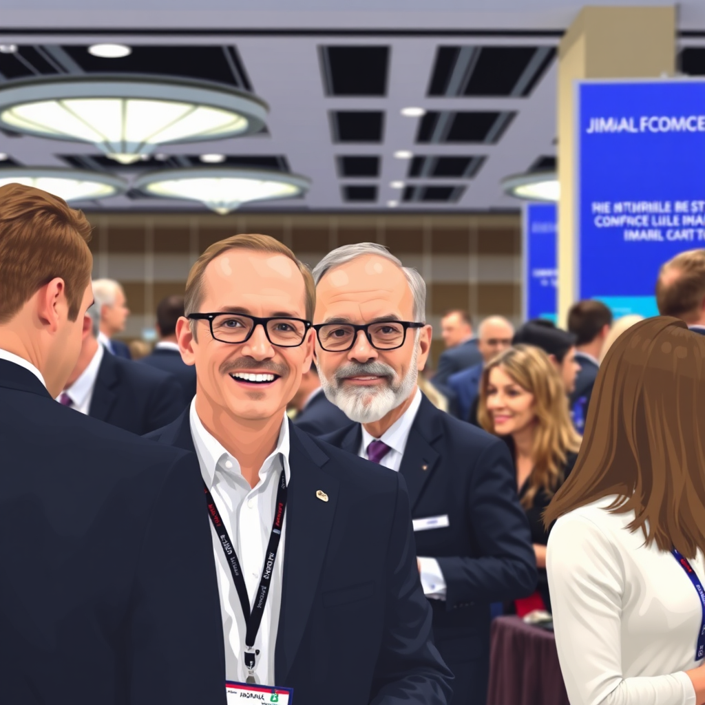 A stylized image of Jim at a legal conference, engaging with other attorneys. The lighting is bright and professional, with a focus on networking interactions. The color scheme includes various business attire and decor, embodying an atmosphere of cooperation and dedication to ongoing education.