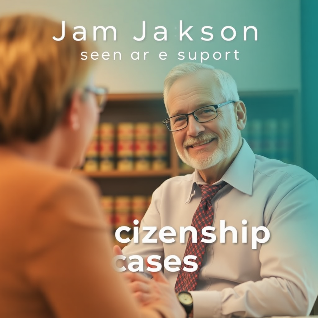 A stylized image of Jim Jackson consulting with a client. The setting is warm and welcoming, with a subtle focus on law books in the background. The lighting is soft and inviting, while the color scheme includes calming blues and greens. The camera angle captures both Jim's reassuring demeanor and the client's engaged expression. This portrays the support and expertise provided in citizenship cases.