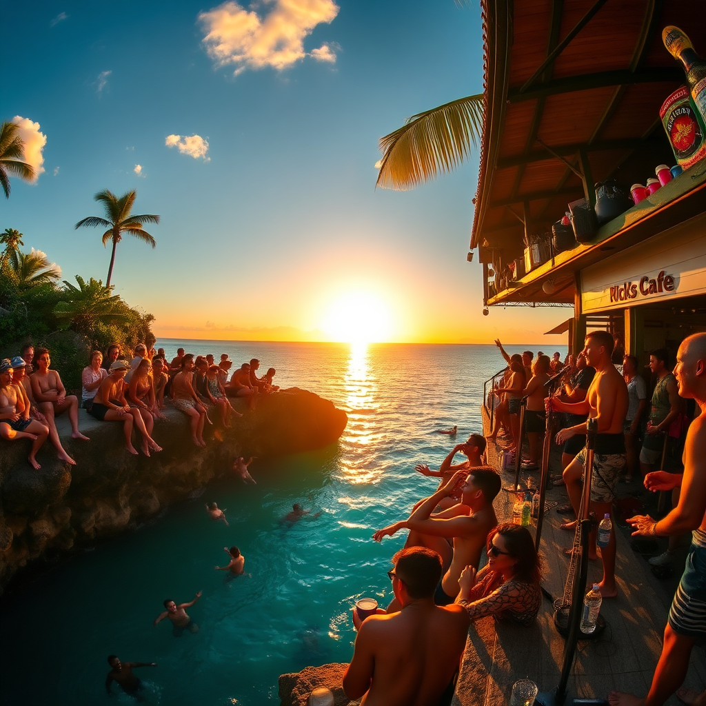 A vibrant, dynamic scene at Rick's Cafe filled with people laughing, drinking, and diving off cliffs into the turquoise sea below. The sun sets across the horizon, creating a dazzling backdrop. Local performers provide music, contributing to the lively celebration of culture and community. An exhilarating portrayal of fun and adventure.
