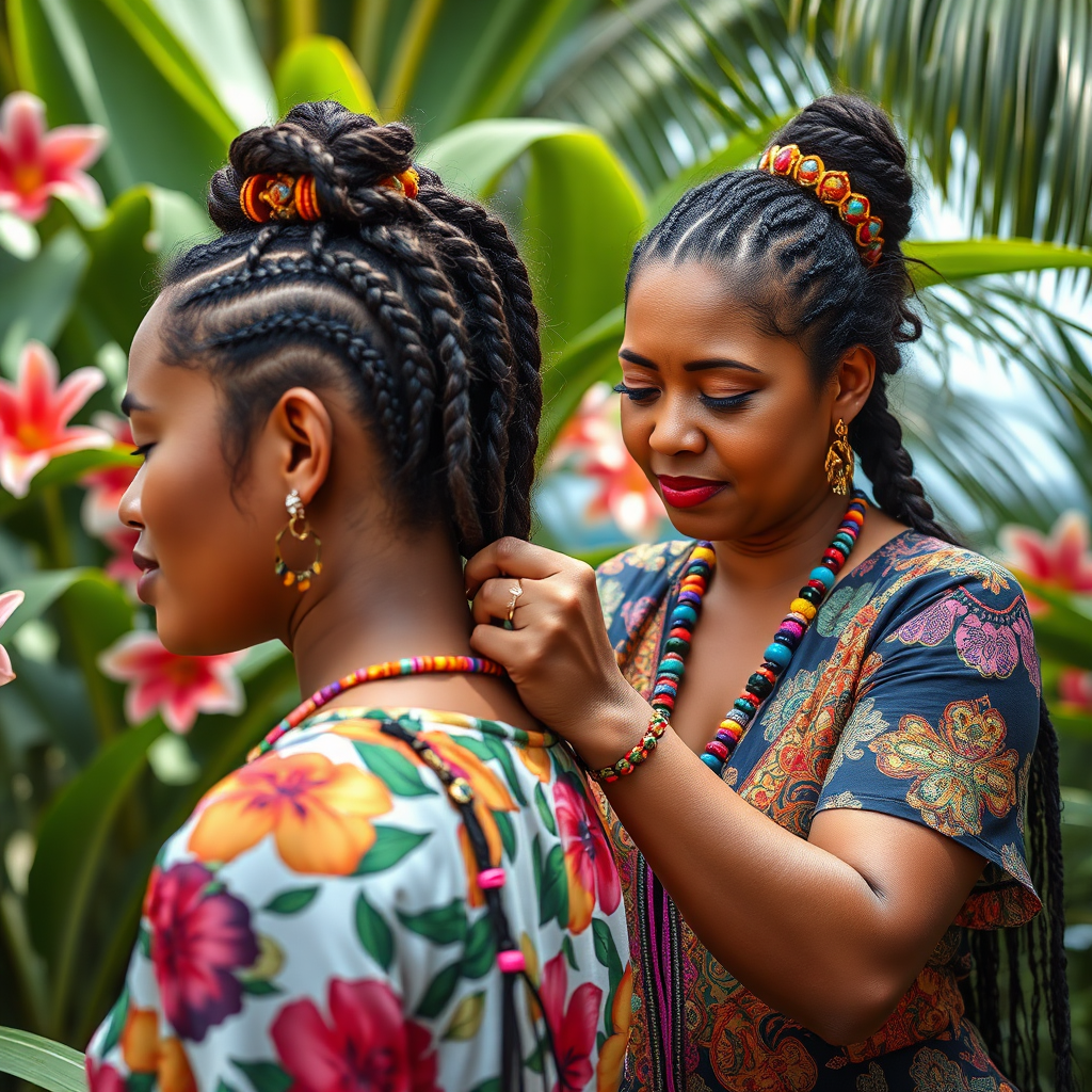 A vibrant, engaging image of Cher intricately braiding a client's hair. The scene captures the detailed techniques used, with colorful beads and accessories enhancing the braid. Cher's focused expression reflects her dedication and artistry, while the lush environment surrounds them. Bright tropical flowers and a soft breeze create a lively yet relaxed atmosphere. Style reference: cultural craftsmanship. Technical specs: 4K resolution.