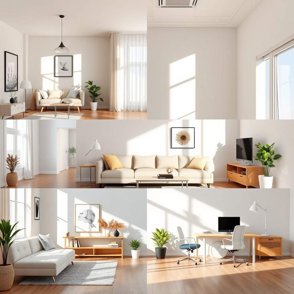 A vibrant, eye-catching image showing a collage of various clean spaces: a stylish apartment, a cozy home, and a sleek office setting. The sunlight highlights their immaculate condition, with each area presenting unique characteristics. The arrangement is harmonious, showcasing Leticia's versatility. The style is bright and photorealistic, rendering each space in high detail that beckons viewers close.