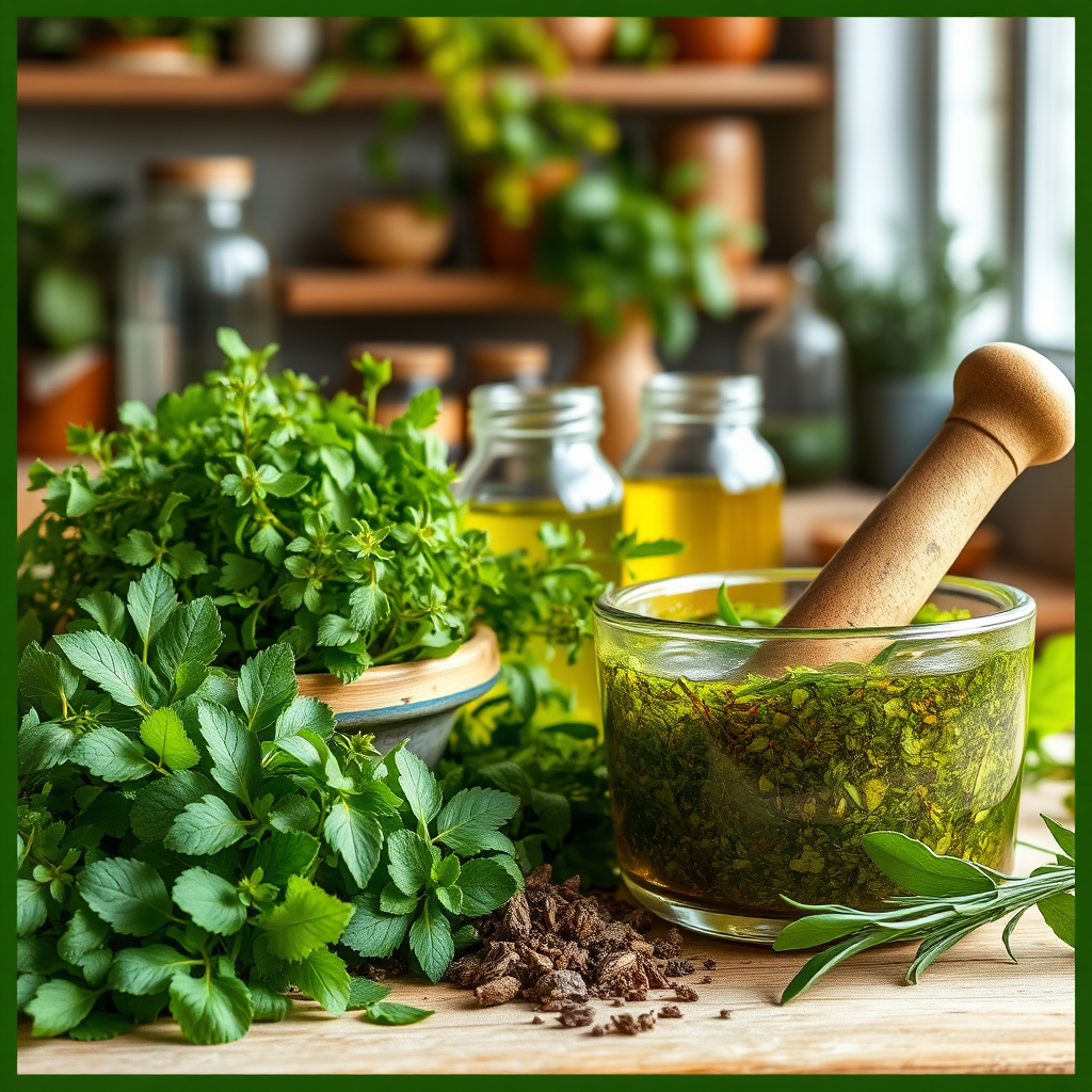 A vibrant image depicting the process of creating herbal-infused oils. The composition includes a variety of herbs and a mortar and pestle in action, symbolizing the crafting of healing blends. The background features a softly lit kitchen space with various jars and plant life, emphasizing the organic nature of the process. The color palette is rich in greens and earth tones, exuding freshness and vitality. Style references reflect a rustic, homey feel.
