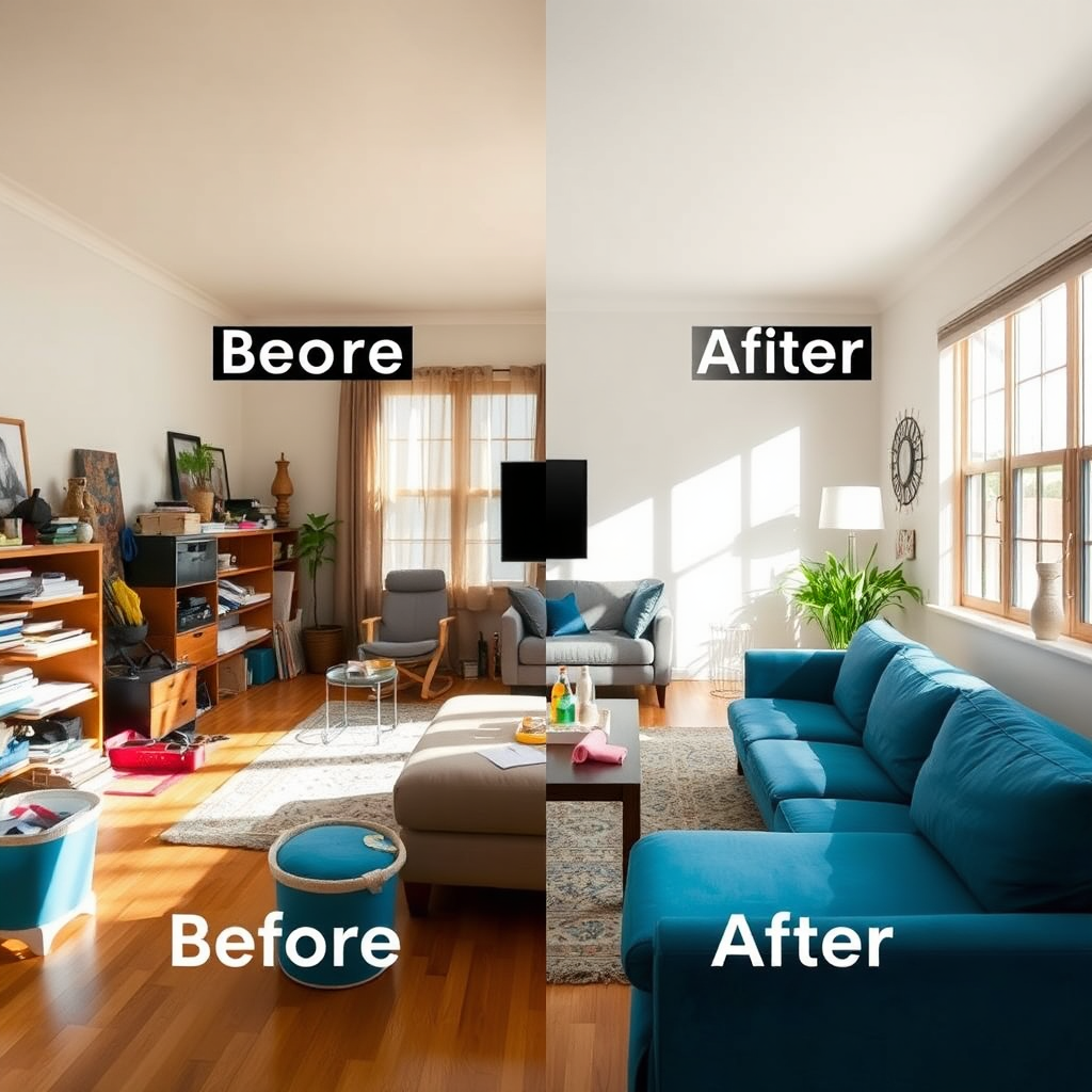 A vibrant image featuring a before-and-after comparison of a living space. One side shows a cluttered room while the other illustrates the pristine results achieved after Leticia’s service. Natural light enhances the clarity of the clean surfaces. The color contrast between the two halves creates visual impact. The camera captures the angle to showcase depth while including relevant props like cleaning tools. The style is photorealistic and engaging.