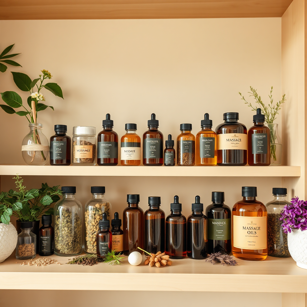 A vibrant image illustrating various massage oils and herbs organized on a shelf, showcasing the array of options available for the therapies. The environment is relaxed, with warm natural tones and soft lighting making the display inviting. Herbs and oils are shown in beautiful glass containers, enhancing their appeal. Style references include natural product photography, giving a tactile quality. Technical specs: 4K resolution, high quality.