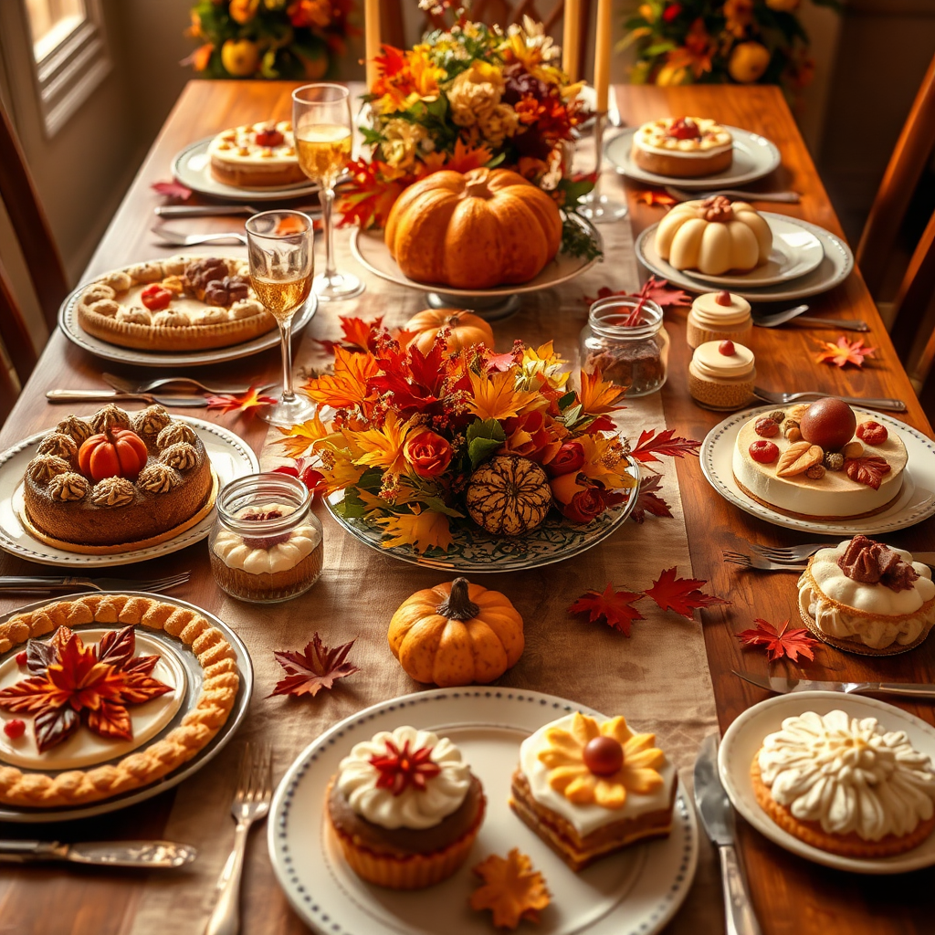 A vibrant image of a Thanksgiving table setting laid out with autumn-themed decorations and Liz's signature pastries. The warm colors of fall are highlighted in the decorations and food, fostering a sense of warmth and comfort. Each pastry is uniquely decorated with seasonal motifs, inviting guests to indulge. The lighting is soft and golden, adding to the cozy atmosphere. The image should evoke a feeling of togetherness and the joy of sharing delicious treats during the holidays, rendered with high-quality details to emphasize the beauty of the spreads.