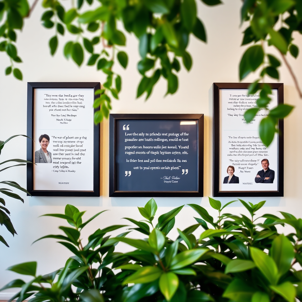 A vibrant image showcasing client testimonials framed on a wall in her office, surrounded by greenery, creating a refreshing atmosphere. The display should prominently feature quotes from satisfied clients along with their photos, emphasizing the relationships built over the years. The setting should have a bright color palette to evoke positive feelings, captured in high-resolution for clarity.