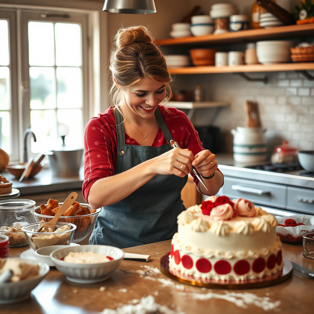 A vibrant image showcasing Liz crafting a custom pastry in her kitchen. The scene features an array of ingredients and tools, with Liz meticulously decorating a cake with beautiful icing designs. The warm lighting enhances the inviting atmosphere, while the rich colors of the ingredients and finished cake stand out. The image captures Liz’s artistry and dedication to creating personalized treats, illustrating the joy and care she puts into every order. The focus should be clear and high-quality, bringing the baking process to life.