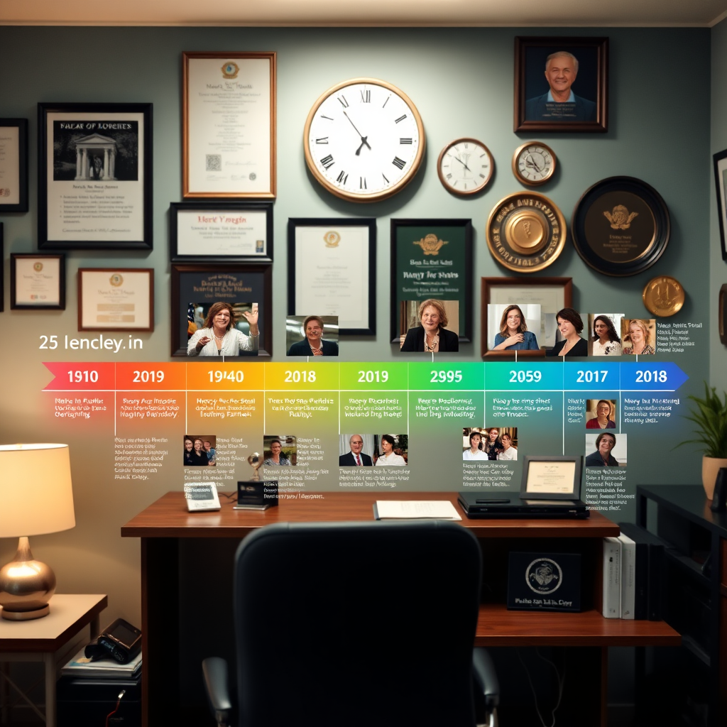 A vibrant, inspirational image featuring a timeline showcasing Nancy's achievements over 25 years, with photos of her milestones and small business partnerships. The layout uses a linear design with bright colors for each decade, making the timeline engaging. The environment should be a well-decorated office wall with awards in the background, capturing both the spirit of achievement and influence, depicted in high resolution.