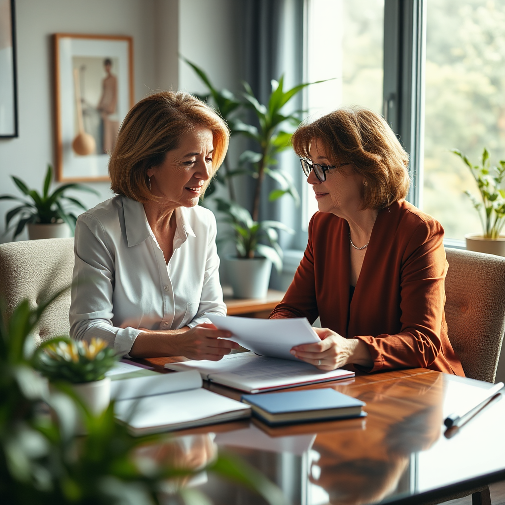 A warm, relatable image of Nancy having a one-on-one meeting with a client, discussing customized financial plans. The setting should be a cozy office space with plants and client-planning documents on the table. Soft, natural light filters through the window, creating a welcoming atmosphere. The focus should be on the interaction, displayed in a rich, high-quality format to emphasize the caring nature of Nancy's services.
