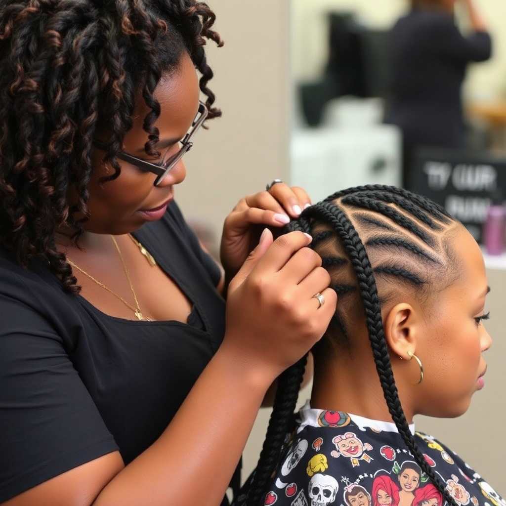 Illustrate a vibrant salon scene where multiple clients are getting their hair styled. Jennifer is shown in action styling a client with intricate African American hair braids, reflecting her specialty. Bright colored hair tools and styling products are scattered across the workstations. Natural light floods the space, emphasizing the fun atmosphere. This image should have a cheerful and bright feel, captured in 8K for hyperrealistic details.