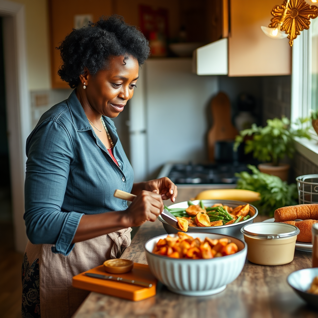 An engaging image of Tina Brown stirring a pot on the stove, filled with colorful vegetables. The kitchen is filled with natural light, creating an inviting atmosphere. Vivid colors represent freshness, and surrounding ingredients are neatly arranged, conveying a sense of organization and care.