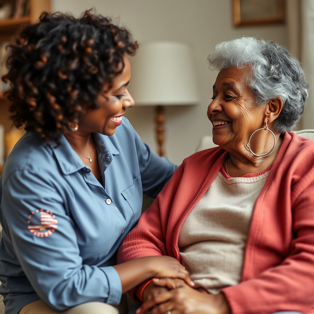 A comforting image that depicts Tina Brown sitting beside an elderly client, sharing a light-hearted conversation in a cozy living room. The color scheme involves warm hues to evoke comfort and trust. Natural light flows in, casting a soft glow on Tina's friendly face and the client's content expression.