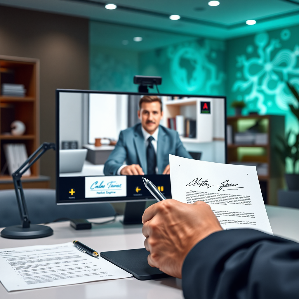 An advanced setup with a notary on a video call, showcasing digital signatures on documents. The background should feature technological decor, enhancing the sense of modernity and ease. Use cool colors and polished surfaces to represent professionalism, targeting a photorealistic style in 4K quality.