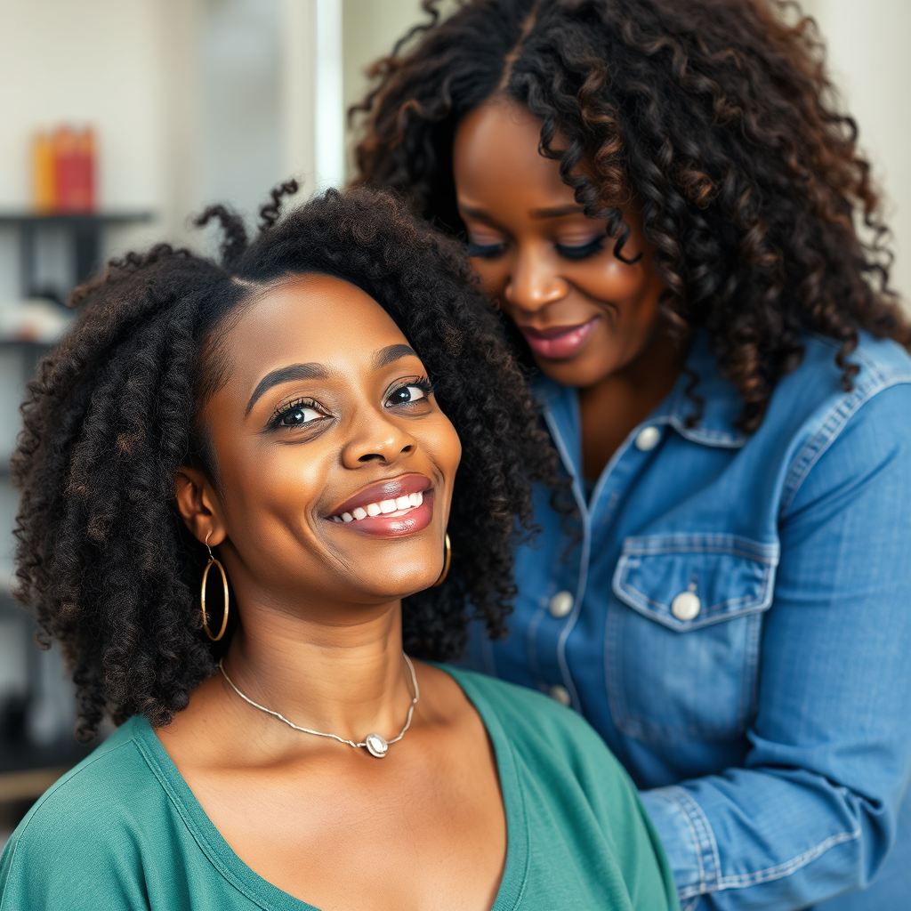 Illustrate a consultation interaction between Jennifer and a new client, where she is providing hair care advice. The setting should be warm and professional, with hair care products displayed prominently. Use soft lighting to enhance the cozy environment, focusing on the expressions of understanding and trust. Capture this moment in hyperrealistic quality, ensuring every detail is vivid and expressive.
