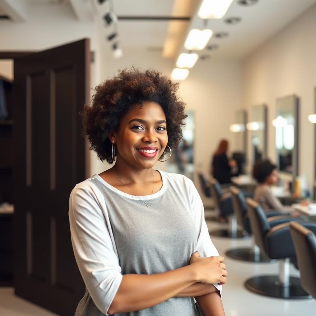 Capture a bustling salon environment with clients walking in and out. Show Jennifer engaging warmly with walk-in clients, creating a friendly and inviting atmosphere. The salon should be vibrant with colorful decor and hair styling posters on the walls. Employ a dynamic angle to emphasize movement, all in crisp 8K detail to make the scene lively and engaging.