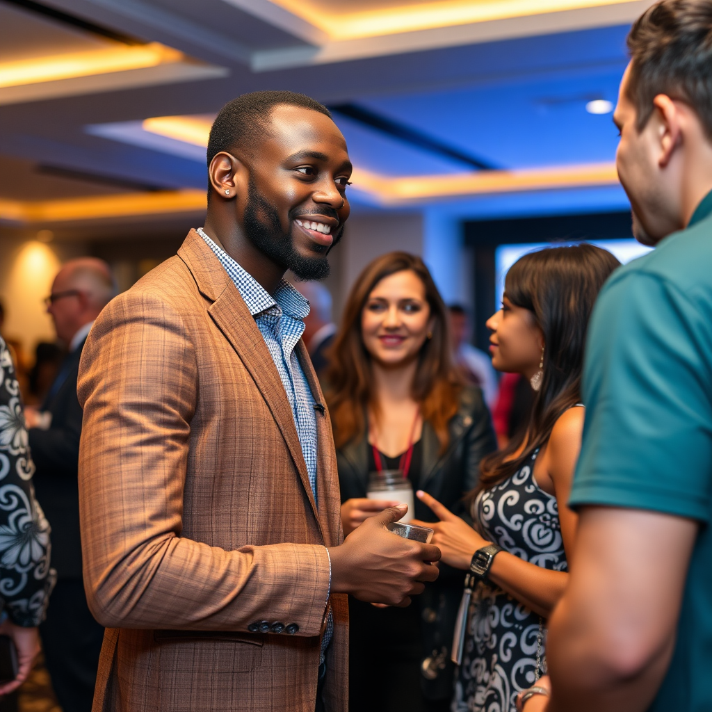 Illustrate a celebratory moment where small business owners share success stories, with Anthony in attendance. The image should be vibrant, showcasing smiles and achievements. Warm lighting should emphasize a sense of community and accomplishment, with festive decorations for added energy. Capture this joyful scene in high-quality 4K resolution, focusing on emotional expressions and connections.