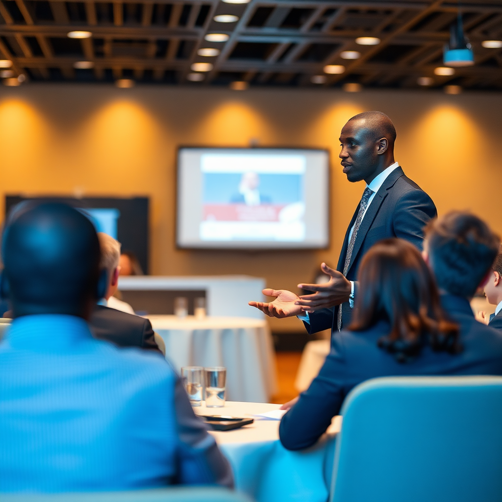 Create a dynamic image of Anthony leading a workshop, engaging a diverse audience. Use bright and motivating colors with high contrast lighting to create a sense of energy. The environment should be modern and interactive, featuring presentation screens and collaborative spaces. Ensure the details are sharp in 4K resolution to emphasize the interaction and enthusiasm.
