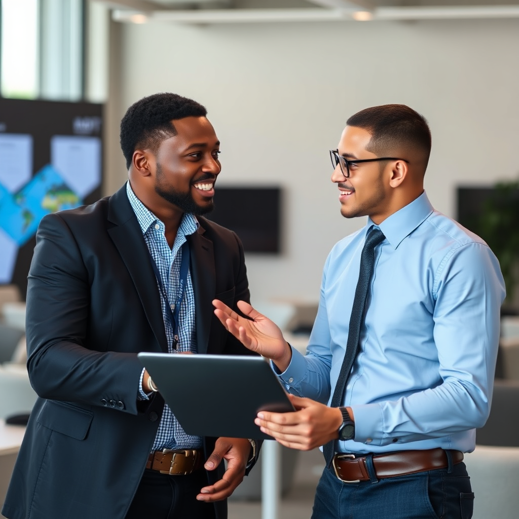 Design an inspiring image of a thriving small business setting, showcasing happy employees collaborating with Anthony Green. The composition should include elements of teamwork and innovation, with bright lighting to enhance positivity. Use a color palette of greens and blues that symbolizes growth and success, depicted in 8K resolution with high clarity and detail.