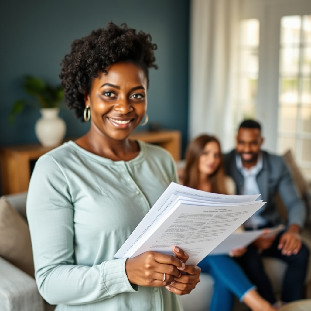 A vibrant image illustrating a notary arriving at a corporate office to provide services. The backdrop should include employees looking relieved and satisfied as they witness the process. Bright, energetic colors mixed with professional attire of the notary, creates a welcoming atmosphere. The photo should have hyperrealistic characteristics to highlight professionalism, set in 4K resolution.