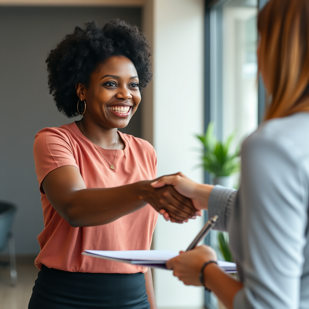 An intimate shot of a notary shaking hands with satisfied clients, symbolizing trust and partnership. The atmosphere should be filled with natural light, showcasing warm colors and authentic expressions. Close-up details are crucial for capturing human interaction, represented in photorealistic quality in 4K.
