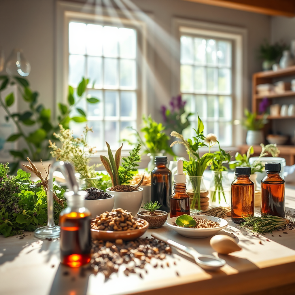 An artistic representation showing various herbal blends being prepared in the clinic. The setting includes a beautifully arranged table filled with different herbs, essential oils, and tools used for blending. Bright, natural light streams in through the windows, creating a lively atmosphere. The composition emphasizes texture, with close-ups of fresh herbs and the vibrant colors of oils. Overall, the visual conveys a sense of freshness and wellbeing. Style references align with natural health aesthetics.