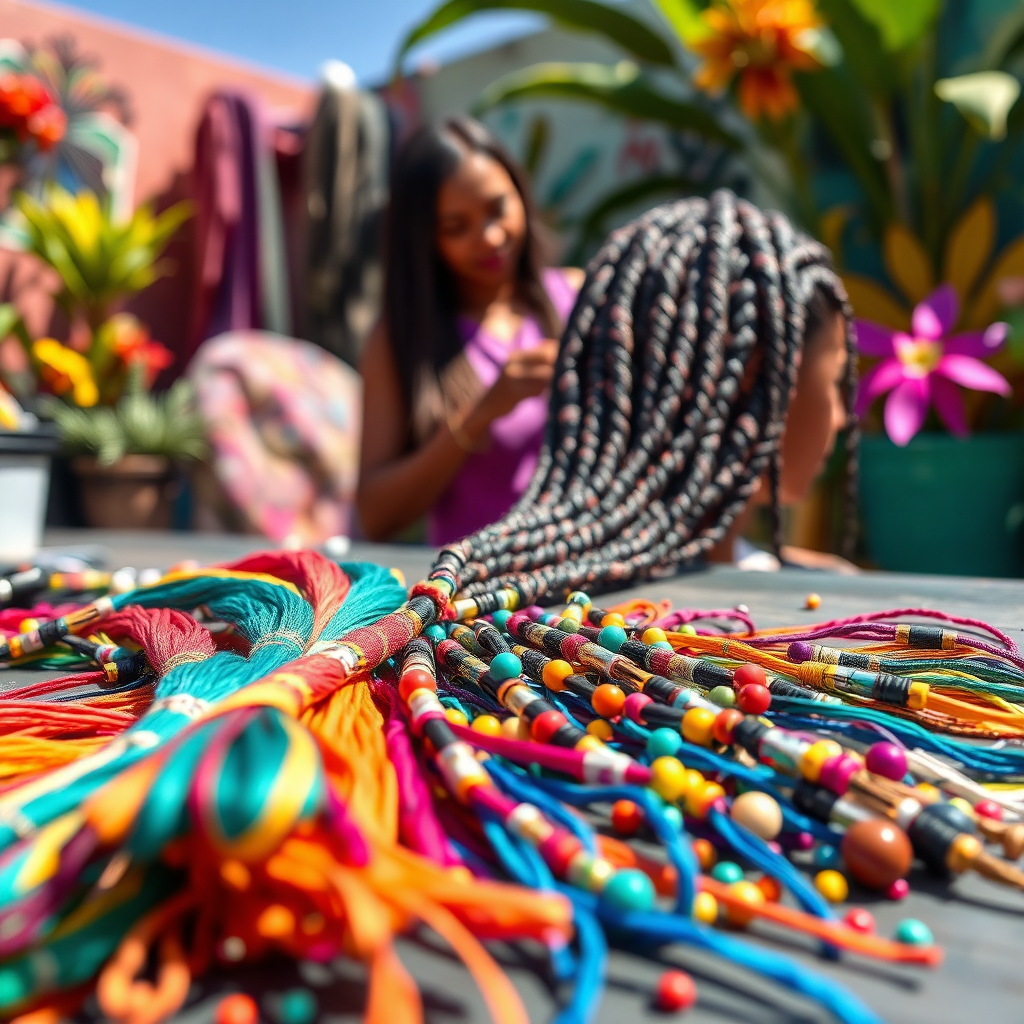 An engaging image of colorful hair braiding threads and beads laid out next to a client's hair awaiting styling. Cher can be seen in the background preparing, with vibrant tropical colors surrounding the area. The sunny day adds a cheerful touch to the scene. Style reference: vibrant creativity. Technical specs: 4K resolution.