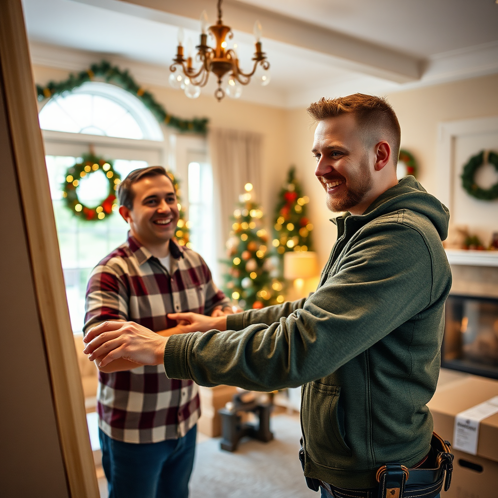 An engaging image of Justin assembling a large item in a customer's home, capturing the moment of satisfaction on the customer's face. The interior is bright and homely, filled with holiday decor that adds warmth. The focus is on Justin’s expertise, with visible tools and packing materials that showcase his efficiency. This image creates a welcoming environment, reinforcing a sense of community.