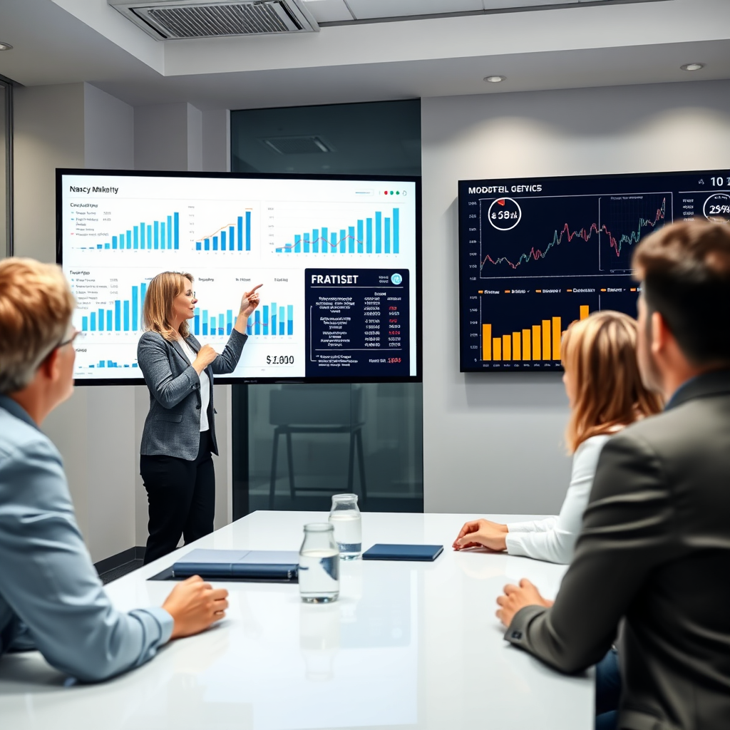 An engaging image of Nancy presenting financial graphs and reports on a large screen in a modern meeting room. The composition includes her standing confidently while pointing at the data, with clients visibly engaged. The lighting should be bright and focused on the screen, and the color scheme should utilize blues and whites for clarity. The photograph should be crisp and in a high resolution, allowing viewers to appreciate the detailed graphics and Nancy's professionalism.
