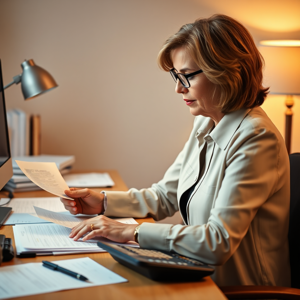 An engaging image of Nancy working on tax documents at her desk, showcasing forms and a calculator in hand. The lighting should be focused on her workspace, with a light and airy feel thanks to unobtrusive light sources. The color palette should feature warm, inviting tones, displaying organization and professionalism, represented in high-resolution detail.