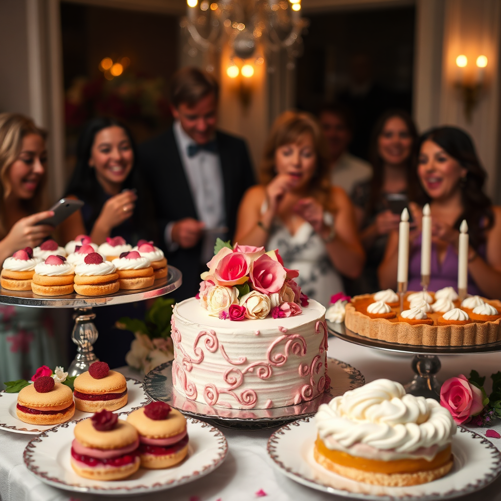 An engaging image portraying a variety of Liz’s pastries displayed at a celebratory event. It features a beautifully decorated cake, éclairs, and pies, all styled elegantly on a buffet table. The background includes joy-filled guests enjoying the pastries, with soft ambient lighting that creates a festive aura. The color palette is vibrant yet harmonious, enhancing the aesthetic appeal of each dessert. Props such as decorative plates, flowers, and candles add a touch of elegance. The image should be rich in detail, capturing the joy and celebration that desserts can bring.