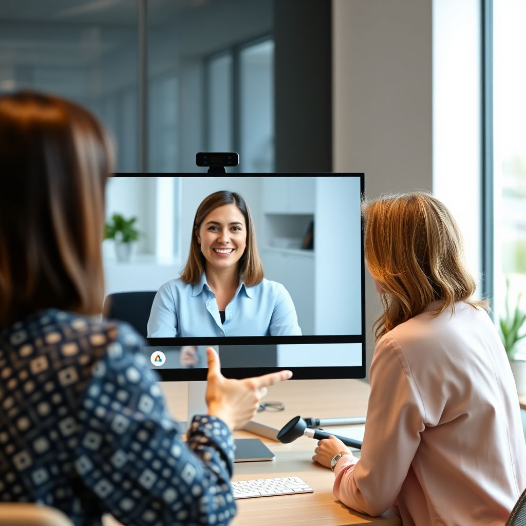 An engaging photo of Nancy making a video call to a client, demonstrating her commitment to continuous communication. The setting is a modern office with technology showcased, with a cheerful smile from Nancy and her client on the screen. The lighting should be bright and professional, creating an environment of approachability and transparency, produced in high quality for sharp visuals.